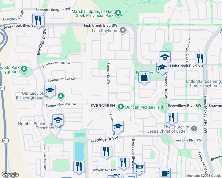 map of restaurants, bars, coffee shops, grocery stores, and more near 258 Everoak Drive Southwest in Calgary
