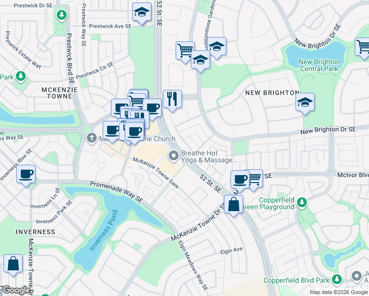 map of restaurants, bars, coffee shops, grocery stores, and more near 126 New Brighton Manor Southeast in Calgary
