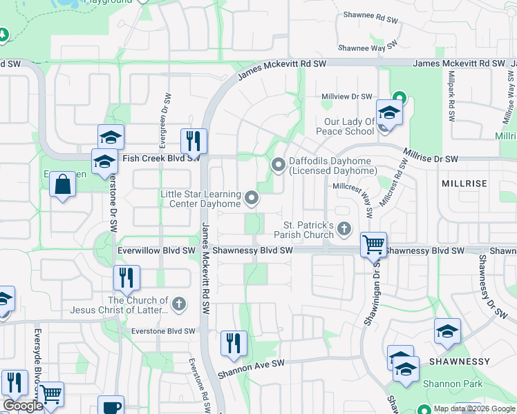 map of restaurants, bars, coffee shops, grocery stores, and more near 61 Millrise Square Southwest in Calgary