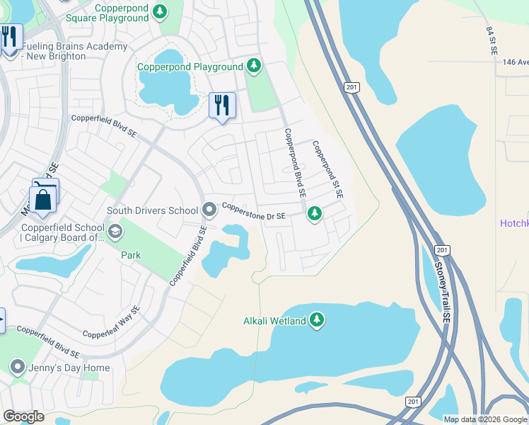 map of restaurants, bars, coffee shops, grocery stores, and more near 96 Copperstone Drive Southeast in Calgary