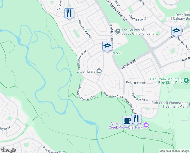map of restaurants, bars, coffee shops, grocery stores, and more near 716 Parkvalley Road Southeast in Calgary
