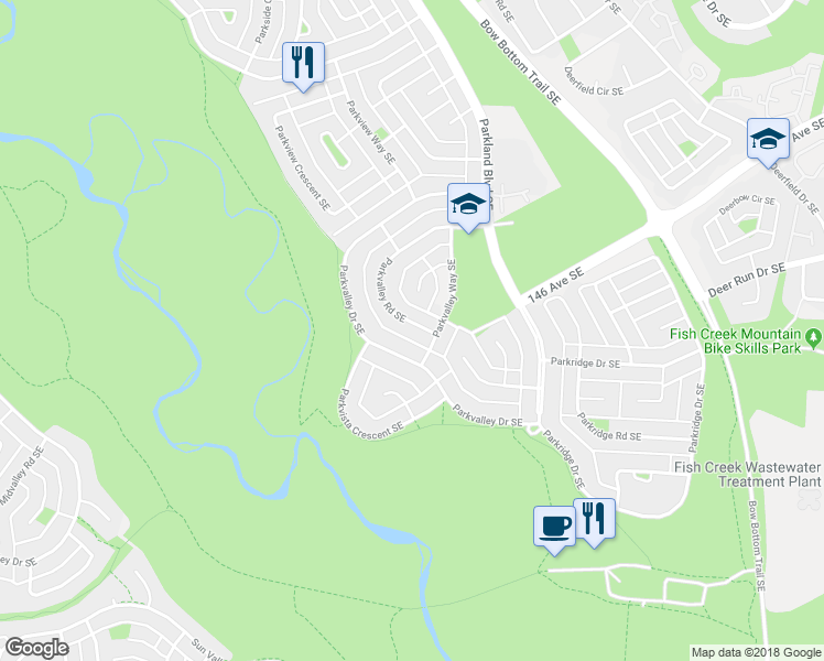 map of restaurants, bars, coffee shops, grocery stores, and more near 716 Parkvalley Road Southeast in Calgary