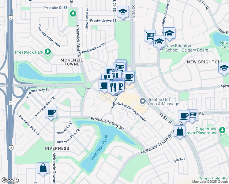 map of restaurants, bars, coffee shops, grocery stores, and more near 21 High Street Southeast in Calgary