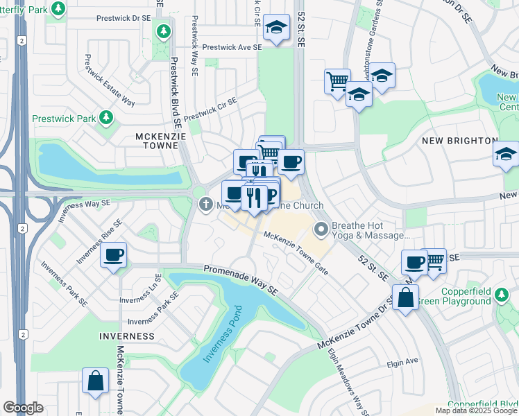map of restaurants, bars, coffee shops, grocery stores, and more near 21 High Street Southeast in Calgary