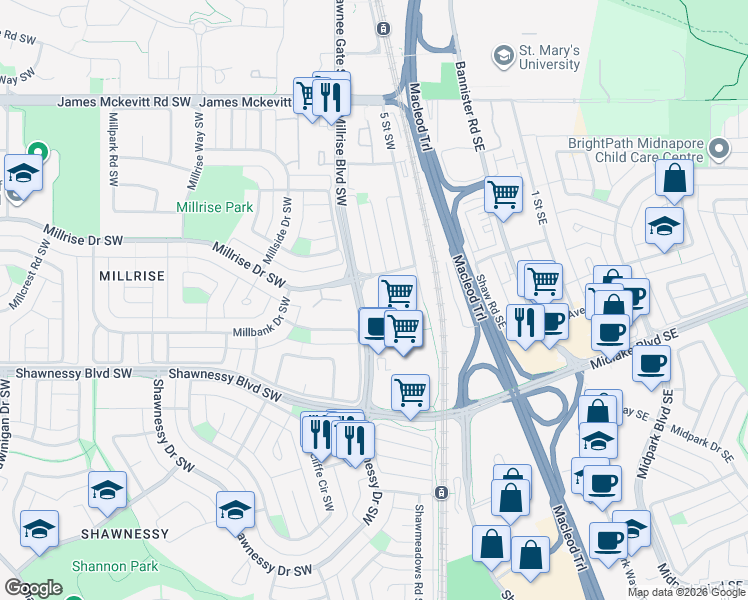 map of restaurants, bars, coffee shops, grocery stores, and more near 23 Millrise Drive Southwest in Calgary