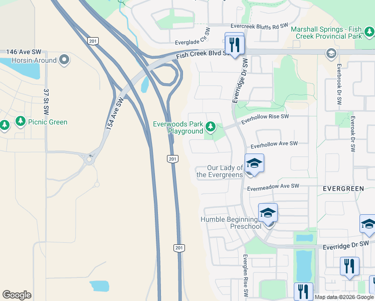 map of restaurants, bars, coffee shops, grocery stores, and more near 103 Everwoods Park Southwest in Calgary