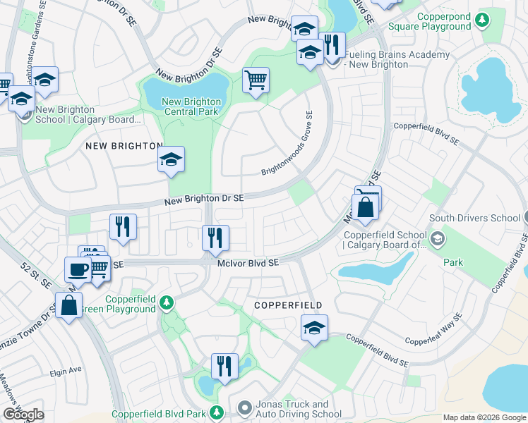 map of restaurants, bars, coffee shops, grocery stores, and more near 1106 New Brighton Park Southeast in Calgary