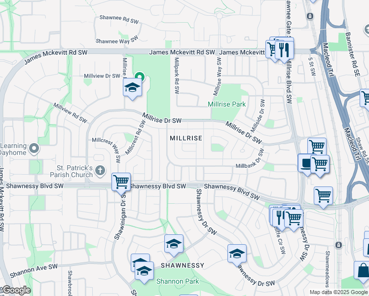 map of restaurants, bars, coffee shops, grocery stores, and more near 145 Millrise Close Southwest in Calgary