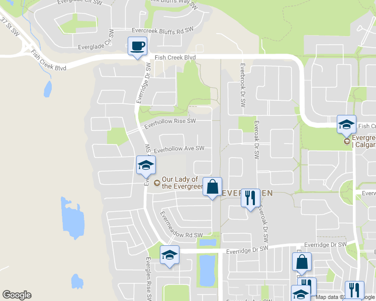 map of restaurants, bars, coffee shops, grocery stores, and more near 73 Everhollow Avenue Southwest in Calgary