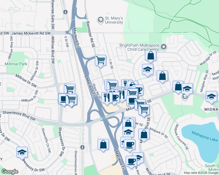 map of restaurants, bars, coffee shops, grocery stores, and more near in Calgary