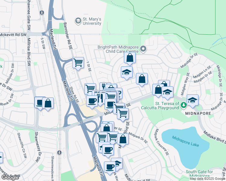 map of restaurants, bars, coffee shops, grocery stores, and more near 403 153 Avenue Southeast in Calgary