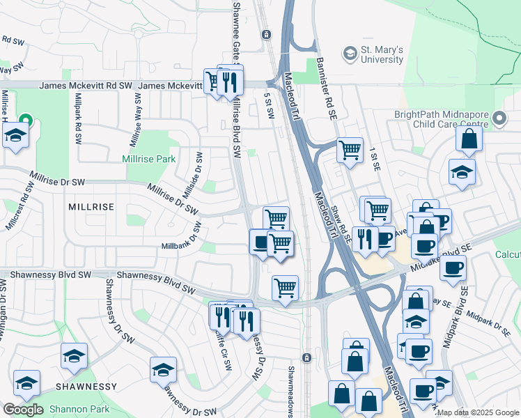 map of restaurants, bars, coffee shops, grocery stores, and more near in Calgary