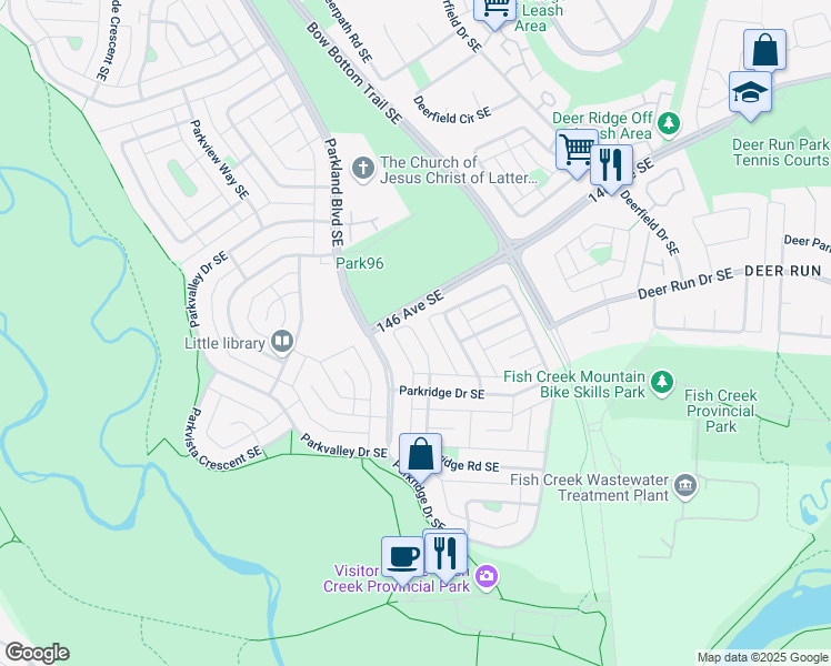 map of restaurants, bars, coffee shops, grocery stores, and more near 140 Parkridge Place Southeast in Calgary