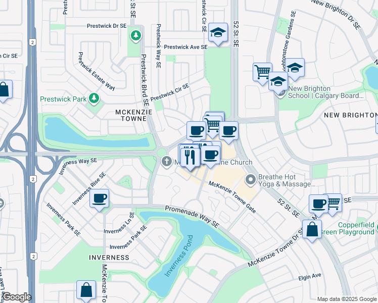 map of restaurants, bars, coffee shops, grocery stores, and more near 18 McKenzie Towne Gate in Calgary