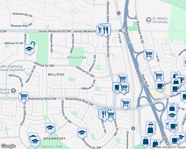 map of restaurants, bars, coffee shops, grocery stores, and more near 88 Millrise Drive Southwest in Calgary
