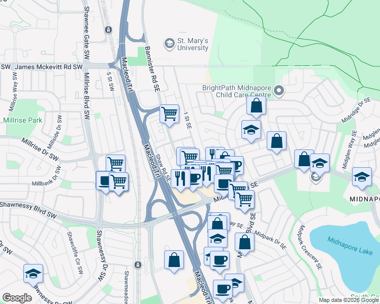 map of restaurants, bars, coffee shops, grocery stores, and more near 15233 1 Street Southeast in Calgary