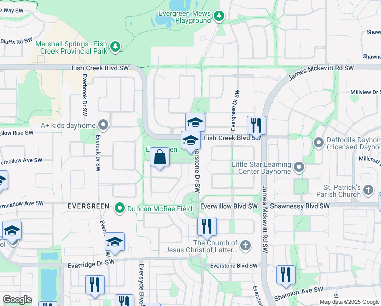 map of restaurants, bars, coffee shops, grocery stores, and more near 367 Everstone Drive Southwest in Calgary