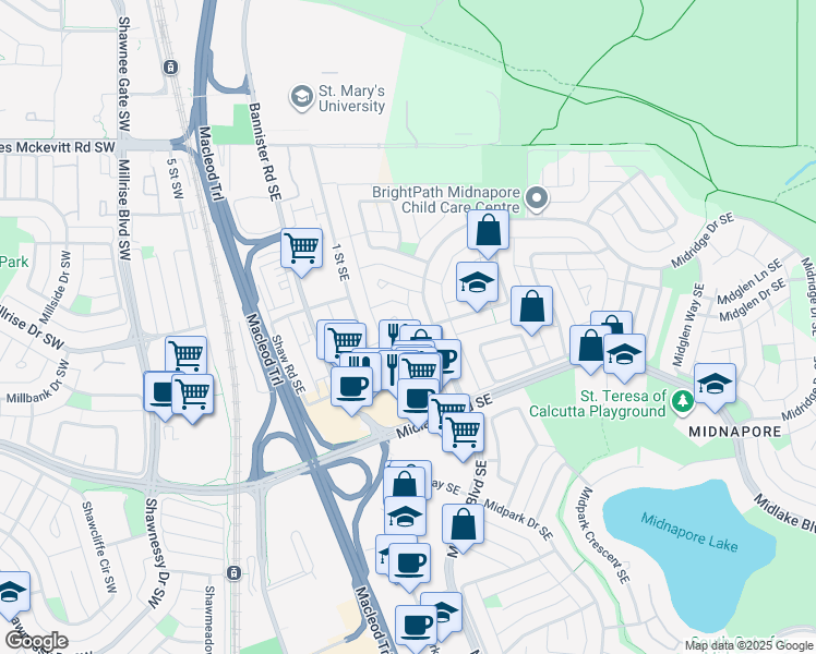 map of restaurants, bars, coffee shops, grocery stores, and more near 35 Midnapore Place Southeast in Calgary