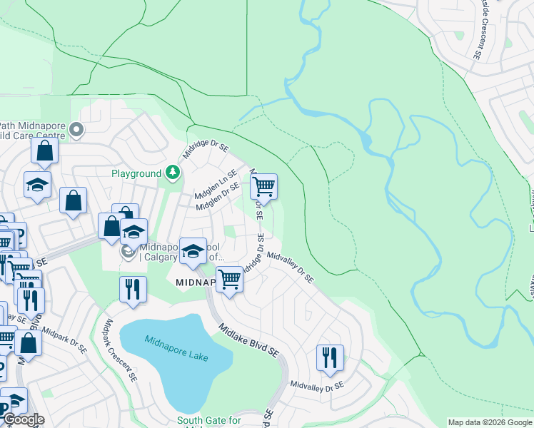 map of restaurants, bars, coffee shops, grocery stores, and more near 860 Midridge Drive Southeast in Calgary