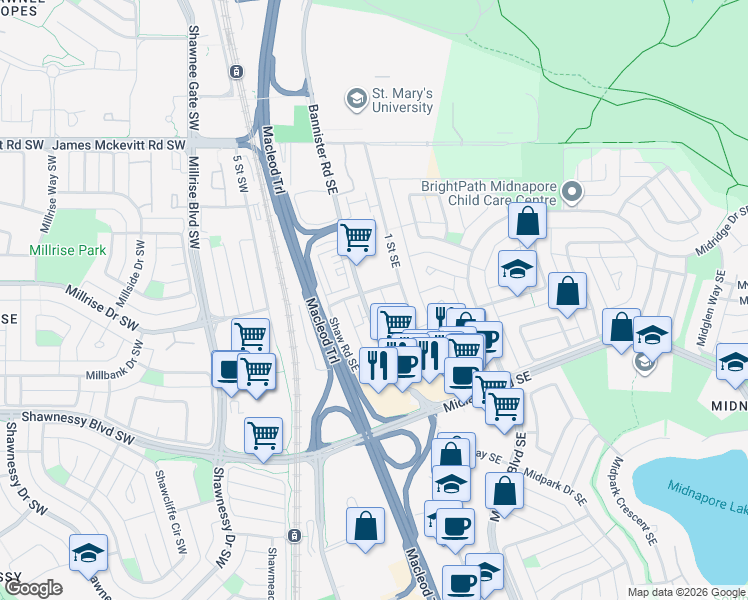 map of restaurants, bars, coffee shops, grocery stores, and more near 15180 Bannister Road Southeast in Calgary