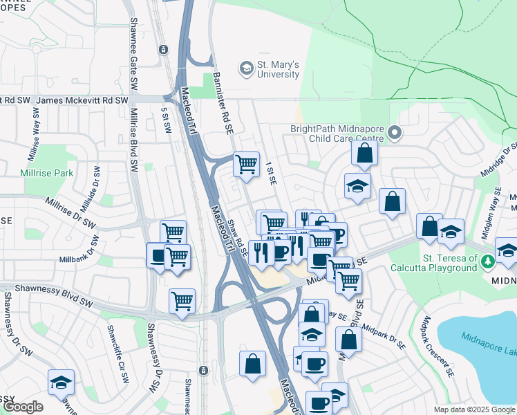 map of restaurants, bars, coffee shops, grocery stores, and more near 15204 Bannister Road Southeast in Calgary