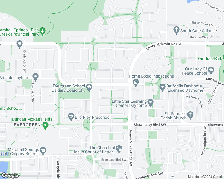 map of restaurants, bars, coffee shops, grocery stores, and more near Everwillow Park Southwest in Calgary