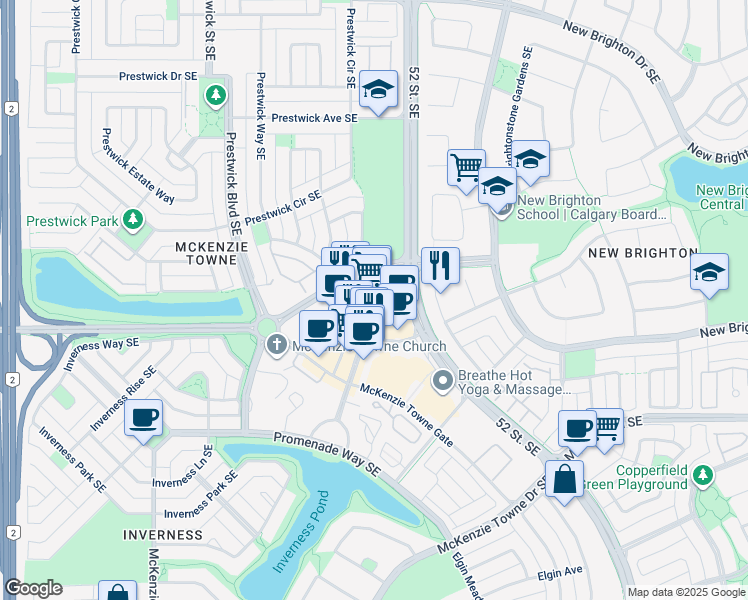 map of restaurants, bars, coffee shops, grocery stores, and more near 20 McKenzie Towne Avenue Southeast in Calgary