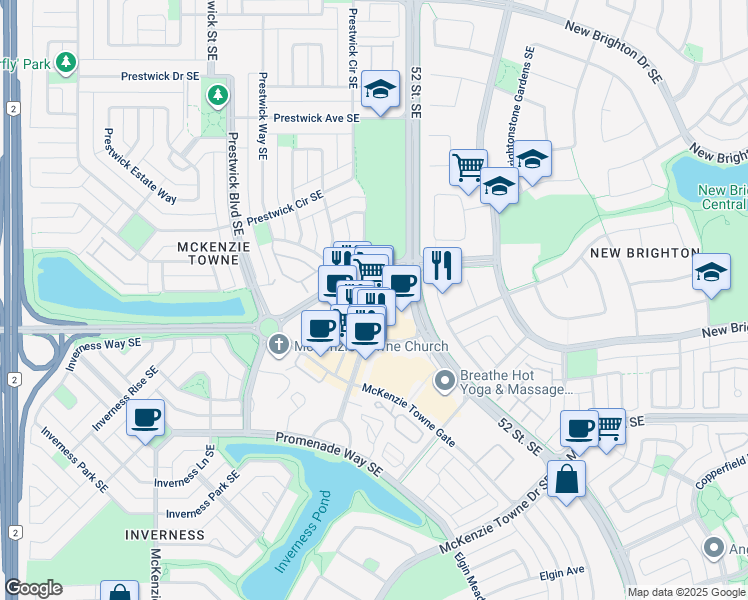 map of restaurants, bars, coffee shops, grocery stores, and more near 20 McKenzie Towne Avenue Southeast in Calgary
