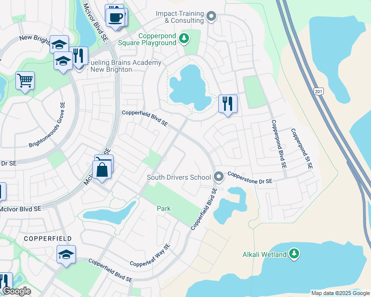 map of restaurants, bars, coffee shops, grocery stores, and more near 126 Copperstone Crescent Southeast in Calgary