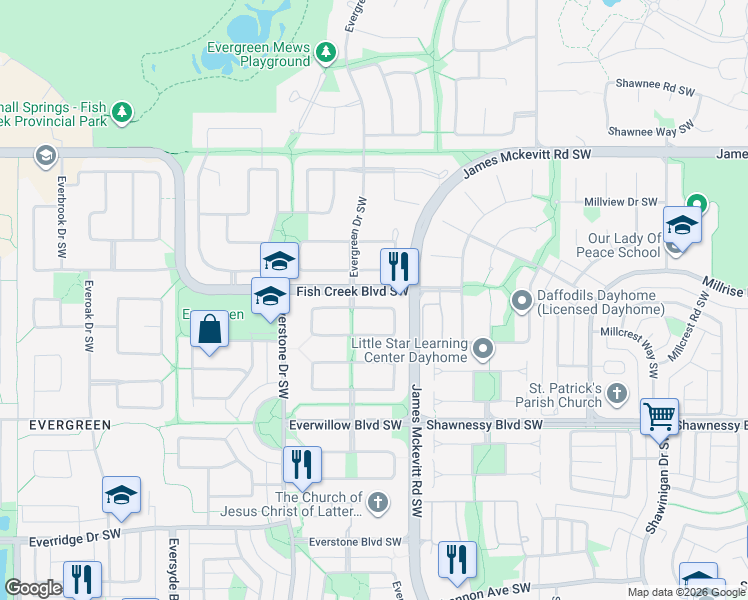 map of restaurants, bars, coffee shops, grocery stores, and more near 20 Everwillow Park Southwest in Calgary