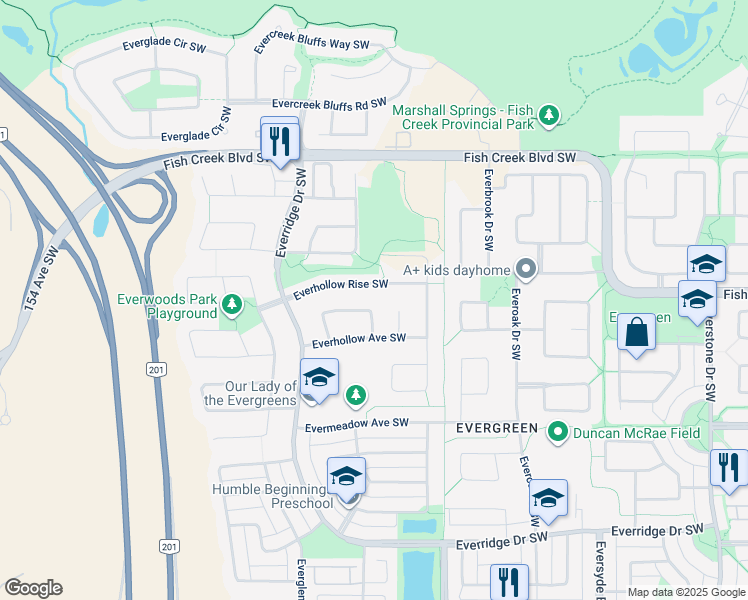 map of restaurants, bars, coffee shops, grocery stores, and more near 92 Everhollow Crescent Southwest in Calgary