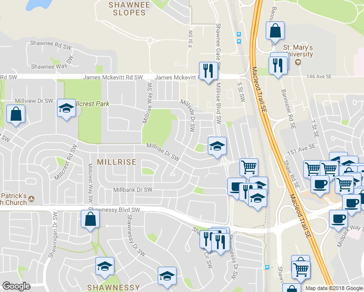 map of restaurants, bars, coffee shops, grocery stores, and more near 71 Millside Way Southwest in Calgary