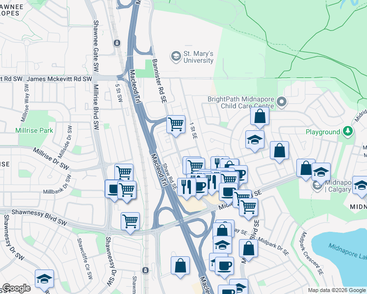 map of restaurants, bars, coffee shops, grocery stores, and more near 15180 Bannister Road Southeast in Calgary