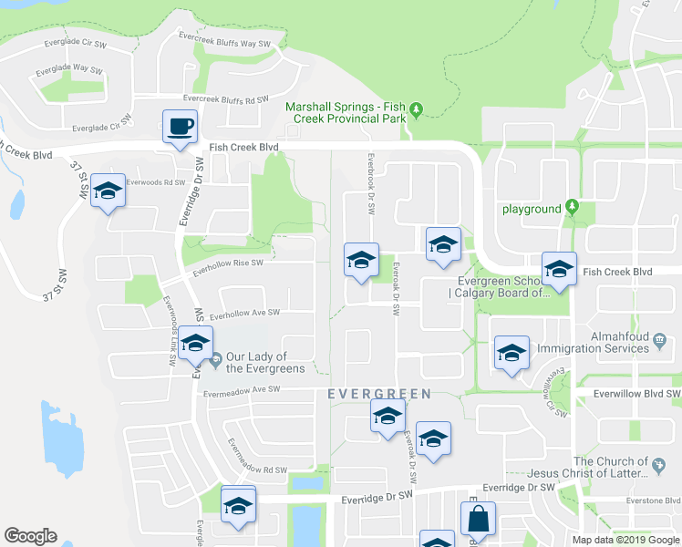 map of restaurants, bars, coffee shops, grocery stores, and more near 93 Everoak Park Southwest in Calgary
