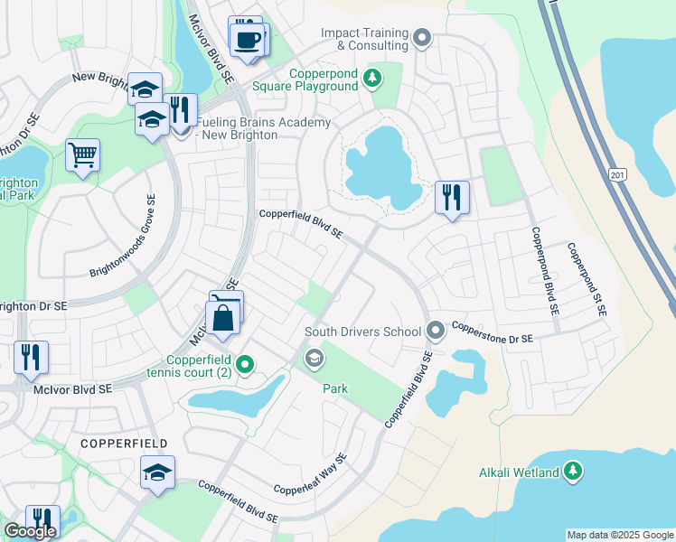 map of restaurants, bars, coffee shops, grocery stores, and more near 91 Copperstone Boulevard Southeast in Calgary