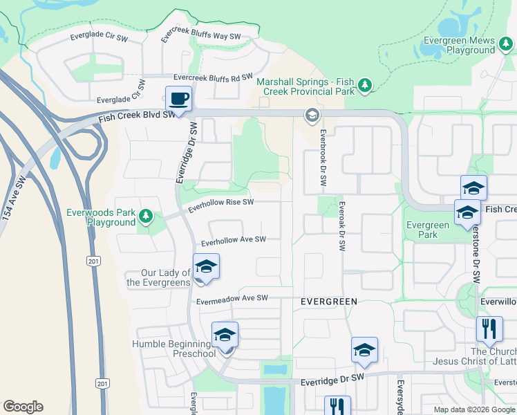 map of restaurants, bars, coffee shops, grocery stores, and more near 133 Everhollow Rise Southwest in Calgary