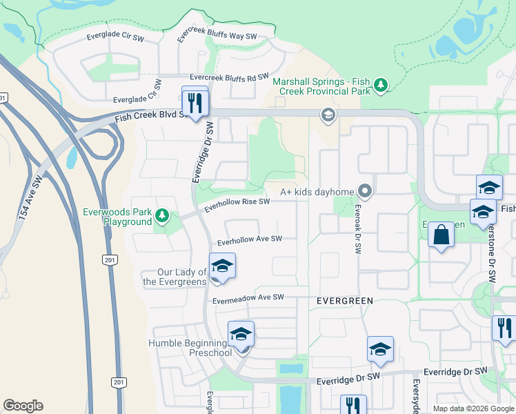 map of restaurants, bars, coffee shops, grocery stores, and more near 92 Everhollow Crescent Southwest in Calgary