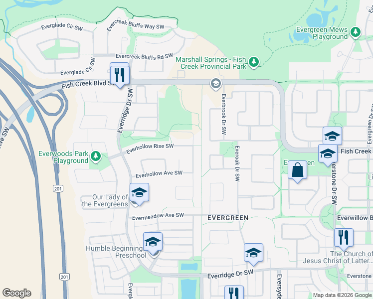 map of restaurants, bars, coffee shops, grocery stores, and more near 133 Everhollow Rise Southwest in Calgary