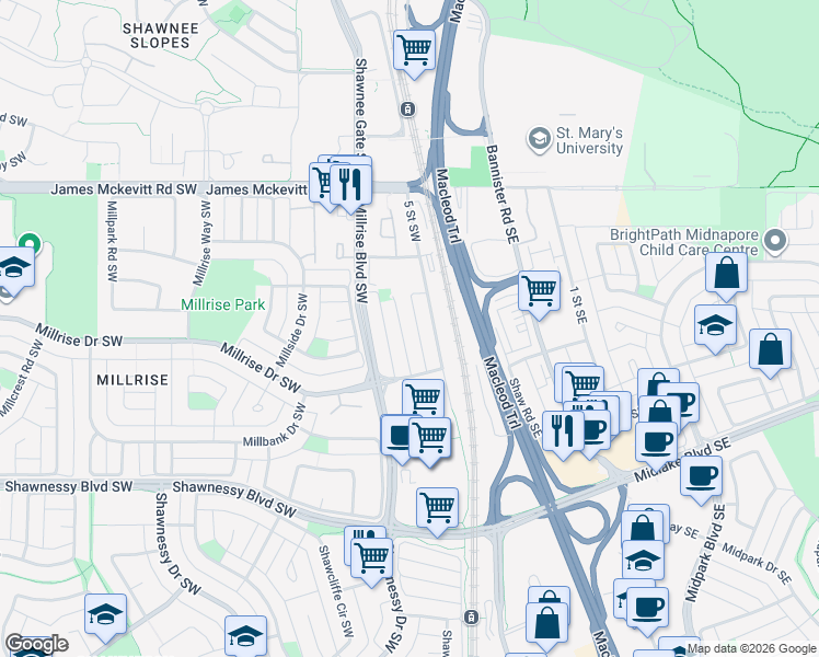 map of restaurants, bars, coffee shops, grocery stores, and more near 46 Millrise Mews Southwest in Calgary