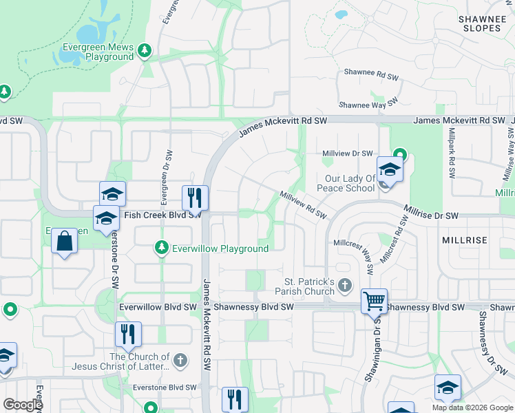 map of restaurants, bars, coffee shops, grocery stores, and more near 100 Millview Square Southwest in Calgary