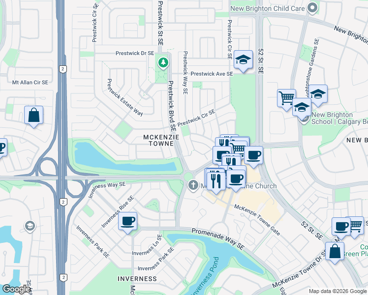 map of restaurants, bars, coffee shops, grocery stores, and more near 15238 Prestwick Boulevard Southeast in Calgary