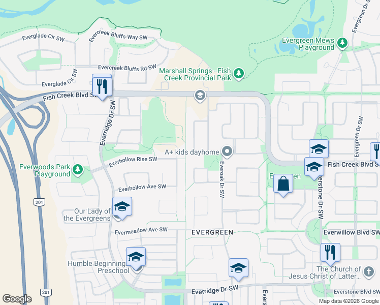 map of restaurants, bars, coffee shops, grocery stores, and more near 93 Everoak Park Southwest in Calgary