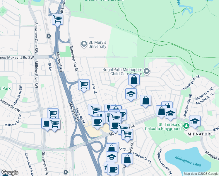 map of restaurants, bars, coffee shops, grocery stores, and more near 259 Midlawn Close Southeast in Calgary