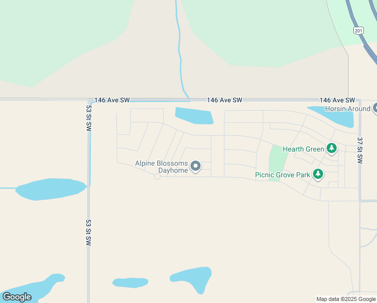 map of restaurants, bars, coffee shops, grocery stores, and more near 146 Avenue Southwest in Priddis