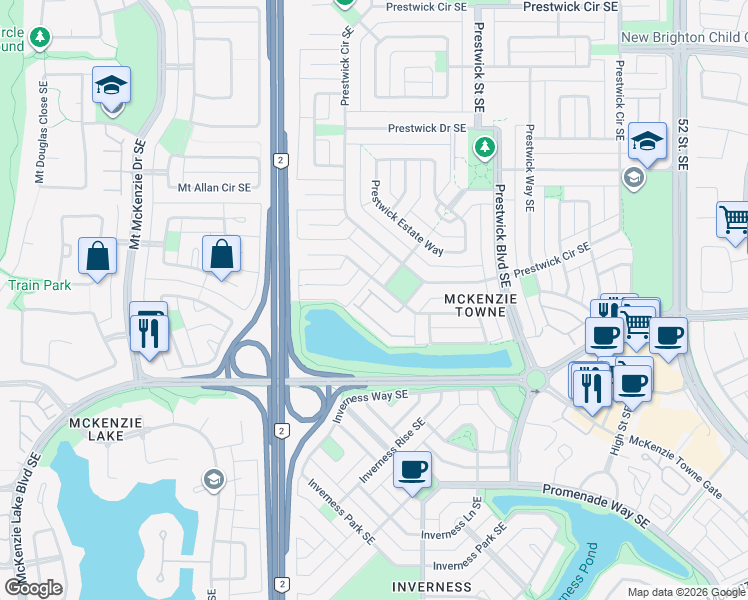 map of restaurants, bars, coffee shops, grocery stores, and more near 102 Prestwick Pond Terrace Southeast in Calgary