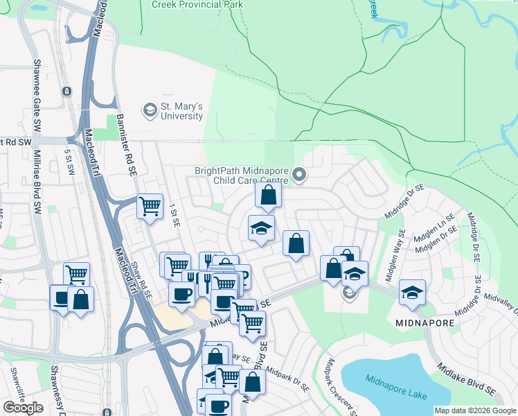 map of restaurants, bars, coffee shops, grocery stores, and more near 504 Midridge Drive Southeast in Calgary