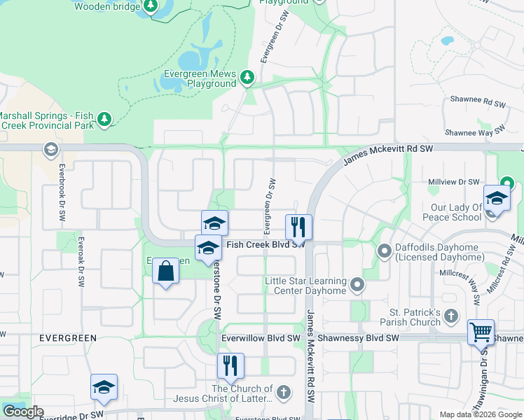 map of restaurants, bars, coffee shops, grocery stores, and more near 104 Evergreen Square Southwest in Calgary