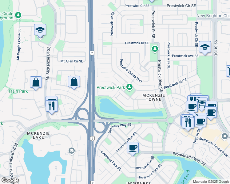 map of restaurants, bars, coffee shops, grocery stores, and more near 19 Prestwick Cove Southeast in Calgary