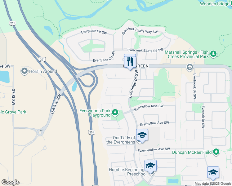 map of restaurants, bars, coffee shops, grocery stores, and more near 36 Everwoods Close Southwest in Calgary