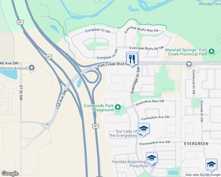 map of restaurants, bars, coffee shops, grocery stores, and more near 68 Everwoods Close Southwest in Calgary